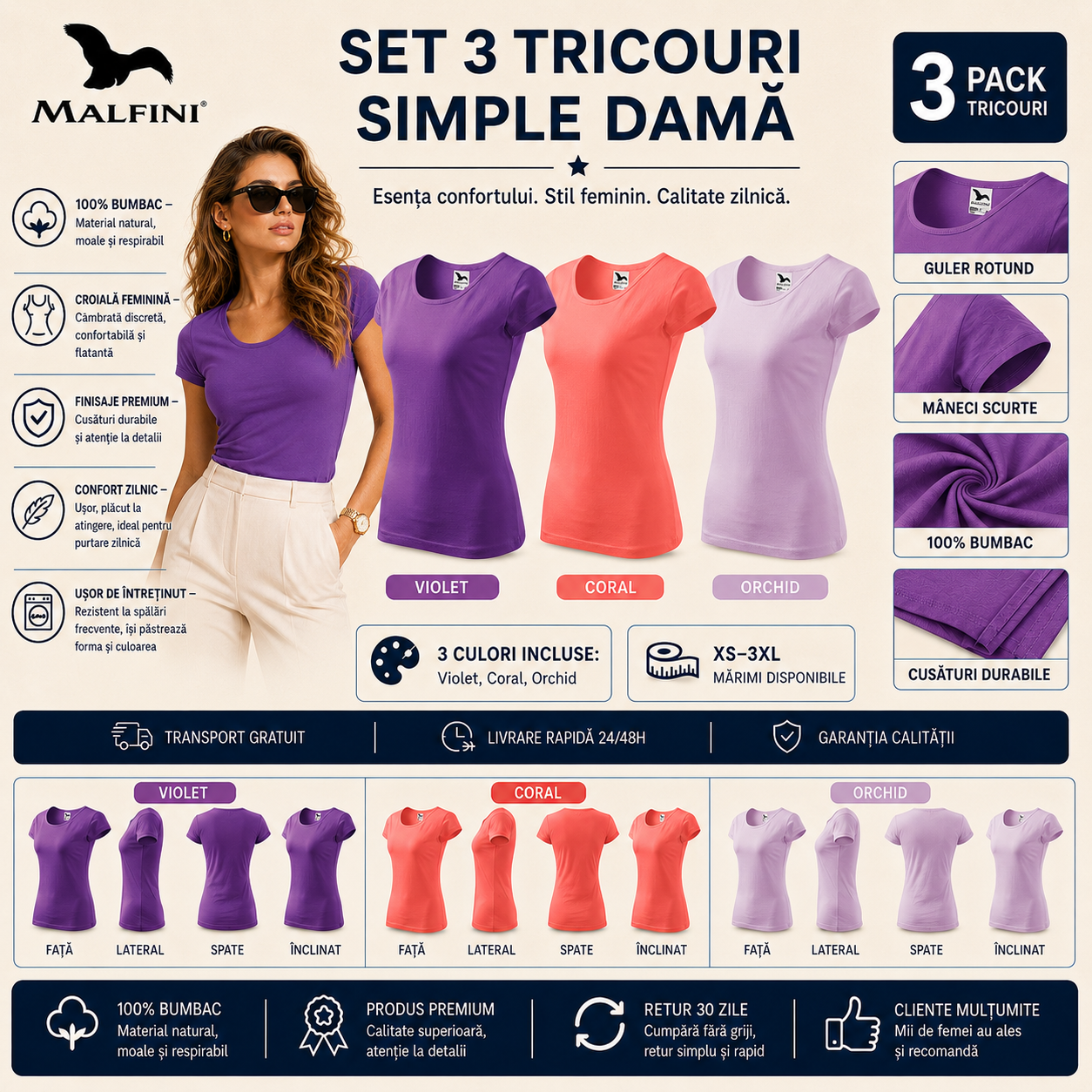 Set 3 tricouri damă 100% bumbac elegant casual cu decolteu violet coral orchid model 122 transport gratuit